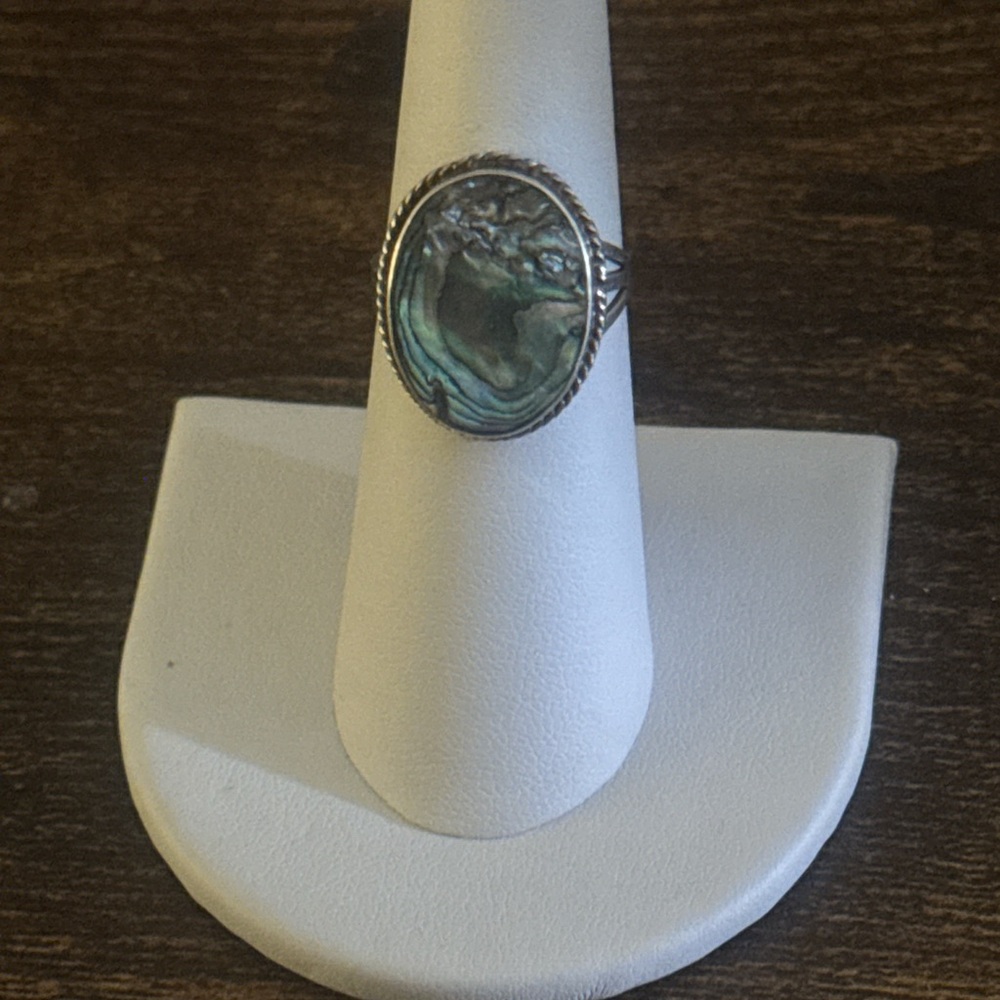 Abalone Shell Sterling Silver Oval Ring - Green B… - image 1